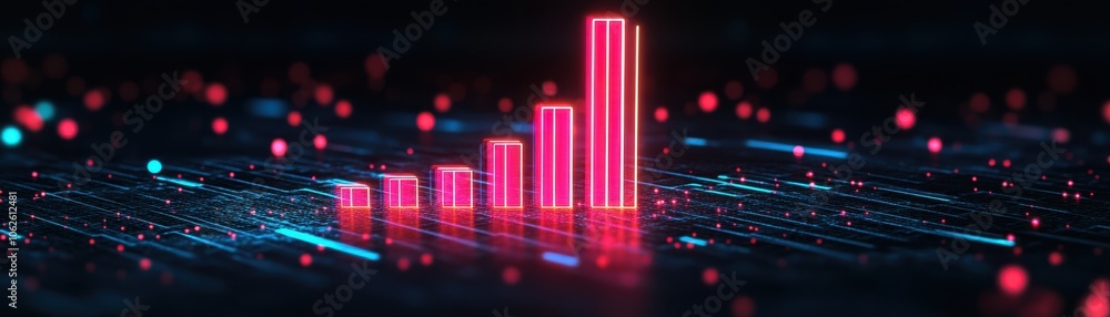 Poster abstract digital data visualization with glowing pink bars representing growth and progress, suitabl