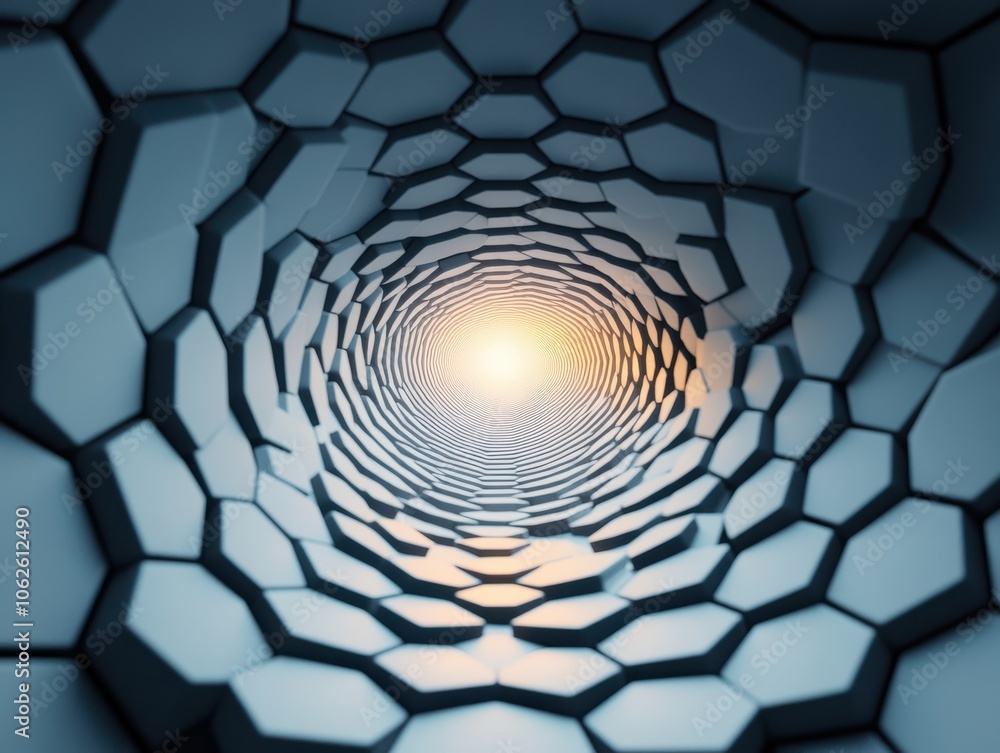 Poster abstract tunnel with hexagonal patterns and luminous center, creating a sense of depth and movement,