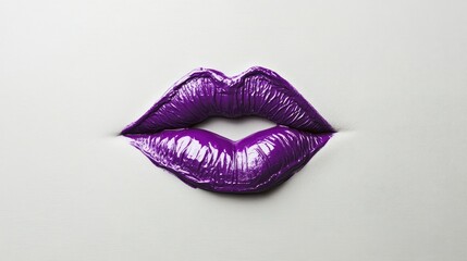 Obraz premium A kiss mark in bold purple lipstick on a minimalist light gray background, exuding a sense of playfulness and style.
