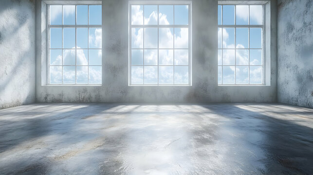 Empty Room with Three Windows and Sky View - Abstract Background