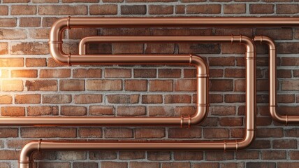 Obraz premium Aesthetic copper pipes arranged on a rustic brick wall, adding industrial charm and texture to any interior space.