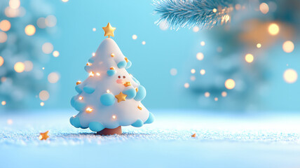 Cute miniature white Christmas tree decoration with golden stars and blue ornaments on snowy surface against turquoise background with bokeh lights and pine branches.