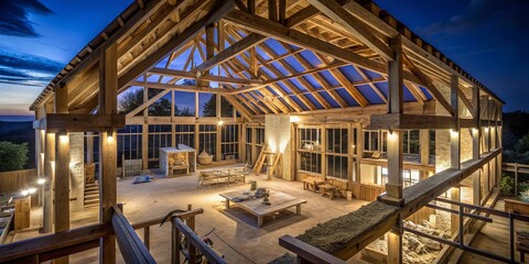 Fototapeta premium Night Photography of a Timber Frame House Under Construction in the UK with Exposed Beams and Soft Ambient Lighting, Showcasing Architectural Details and Progress