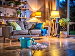 Night Photography of Cleaning Detergent and Mop on Living Room Floor for Hygiene, Housework Safety, Bacteria Removal, and Supplies in Bucket for Home Cleaning Service