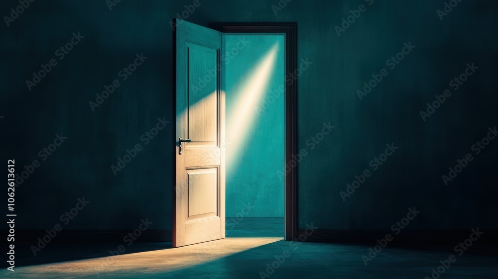 Poster an open door illuminated by soft light, creating a serene atmosphere that evokes curiosity and intri