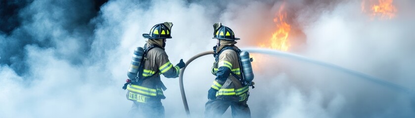 Naklejka premium Brave firefighters combat a blazing fire, showcasing teamwork and determination in a smoky environment.