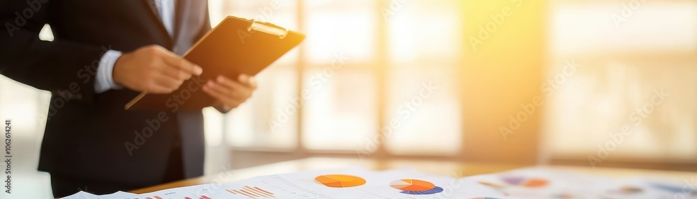 Poster business professional reviewing charts and reports in a bright office environment. analyzing data fo