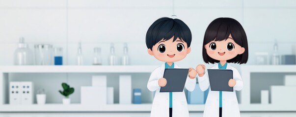 Cheerful doctors discussing patient data in a modern medical lab, showcasing teamwork and dedication to healthcare.