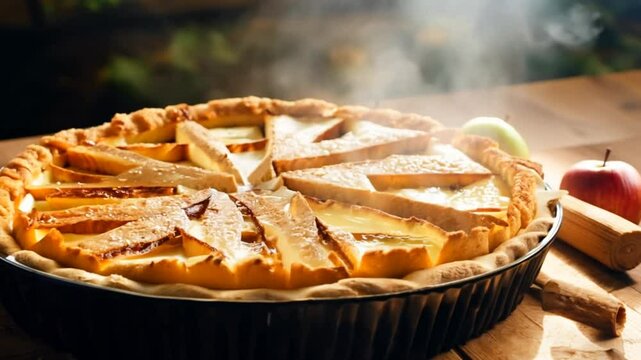 Homemade apple pie fresh from the oven on wooden table. Rustic dessert concept