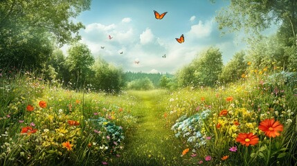 A lush, green meadow with wildflowers and butterflies, leading to a distant forest.