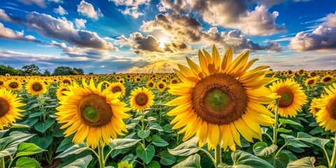 Obraz premium Panoramic View of Vibrant Heliantuses in Bloom, Close-Up of Sunflower Field, Nature Beauty, Floral Photography, Summer Landscape, Colorful Flowers, Outdoor Scenery, Rural Charm