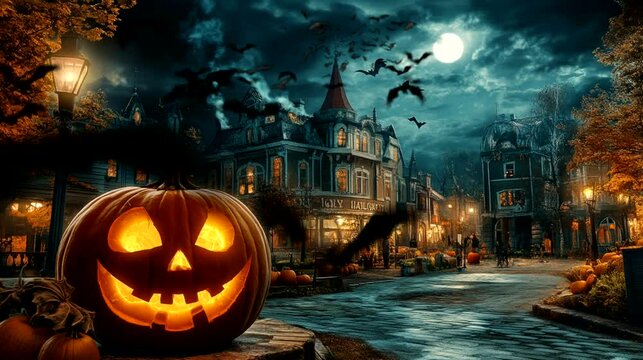 A haunted pumpkin carving contest in a town square. seamless looping time-lapse virtual 4k video animation background
