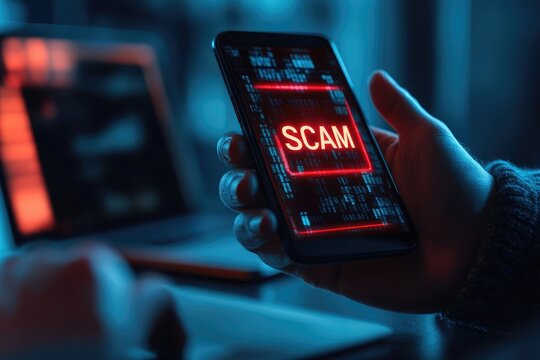 Digital risk alert: text Scam as cautionary message cyber fraud, phishing, internet deception, focusing on growing threats of online crime and need for security awareness, technological protection.