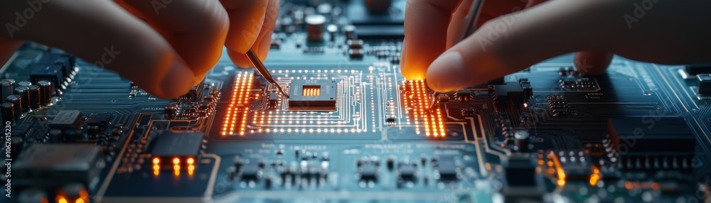 Poster close-up of hands working on a circuit board, showcasing intricate details of technology and electro