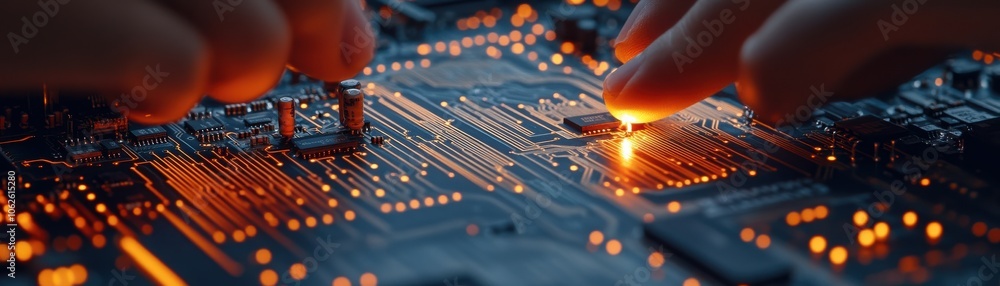 Poster close-up of hands interacting with a glowing circuit board, highlighting technology and innovation i
