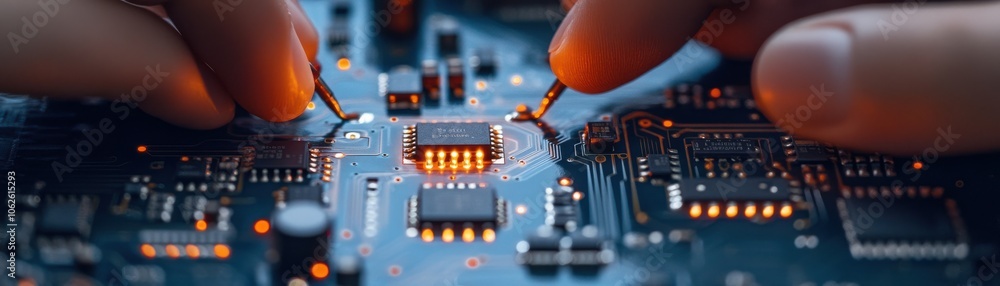 Poster close-up of hands working on a circuit board, showcasing intricate details of electronics and techno