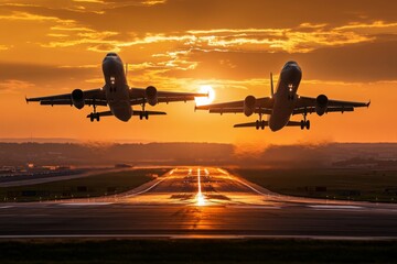 Naklejka premium Two Jets Soaring Against a Dramatic Sunset