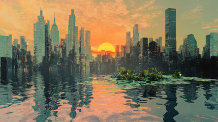 Fototapeta premium Sunset Cityscape Reflection Over Water