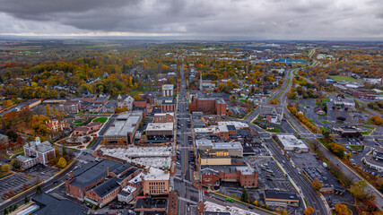 Aerial photo of the fall foliage surrounding the City of Auburn, Cayuga County, New York State,...