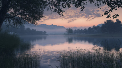 Obraz premium Serene Sunset Lake: Misty Mountains, Tranquil Waters, 3D Render