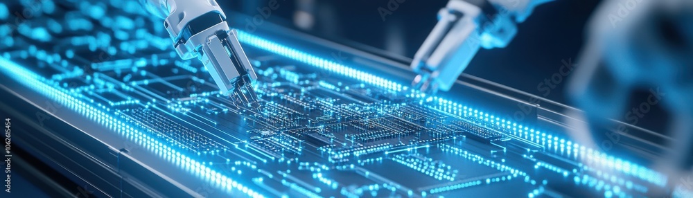 Poster close-up view of robotic arms assembling a futuristic circuit board with glowing components, showcas