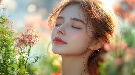 Fototapeta premium Woman in Red Enjoying Nature with Closed Eyes