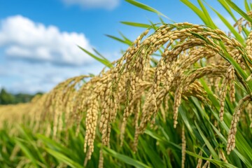 Golden Rice Grains in a Thriving Field Under Blue Sky