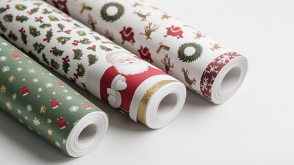 Colorful Christmas wrapping paper rolls featuring festive designs for holiday gift wrapping and decoration.