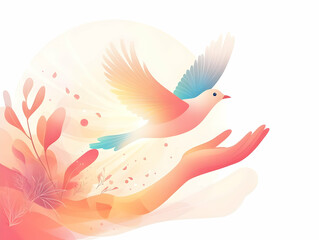 Obraz premium Flat Abstract Illustration of Person Releasing Bird with Soft Light Beams and Pastel Colors, Symbolizing Freedom, Care, and Human-Animal Bond in Ethereal Atmosphere