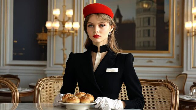 Upscale Parisian restaurant interior with classic window view of Sacr&eacute;-C&oelig;ur. Red beret adds French charm to sophisticated dining scene. 