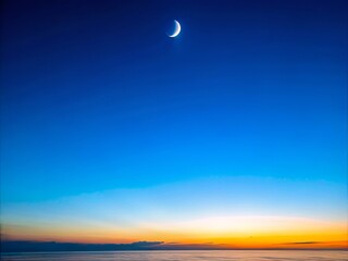 Serene Crescent Moon Above a Vast Blue Sky - Tranquil Atmosphere, Nature Photography, Calm Sky, Blue Gradient, Night Sky, Peaceful Scene, Celestial Beauty, Landscape Photography