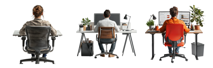 PNG Diverse Workspaces with Modern Chairs and Plants. Isolated on transparent background