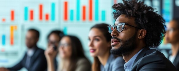 Diverse colleagues on conference call with charts in background, strategic discussions