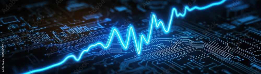 Poster dynamic blue waveform signal over a circuit board, representing technology, innovation, and data pro