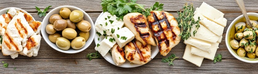 Delicious spread of grilled chicken, olives, cheese, and fresh herbs on wooden table. Perfect for Mediterranean cuisine lovers.
