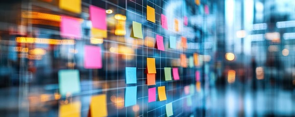 International colleagues using digital post-it board, collaborating on creative ideas