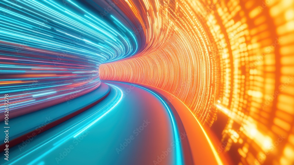 Poster dynamic swirling light trail in vibrant orange and blue, creating a sense of speed and motion within