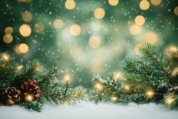 Obraz premium Christmas Background with Snow and Lights, Blurred Pine Branches and Garland Decorations. Festive Green Color Palette with Bokeh Effect.