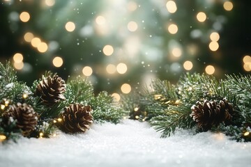 Christmas Background with Snow and Lights, Blurred Pine Branches and Garland Decorations. Festive Green Color Palette with Bokeh Effect.