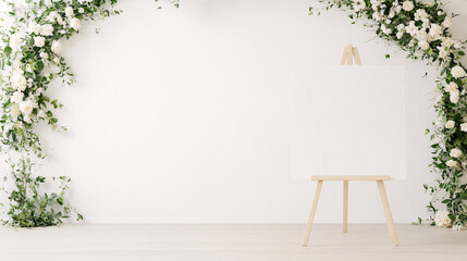 An elegant wedding mockup with a blank white easel, enhanced by delicate white flowers and greenery on the wall. A grand floral arch in the background adds depth and romance to the scene. Soft,