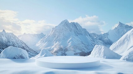 Product display stand with winter snow mountain background