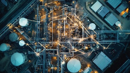 Obraz premium Aerial View of Industrial Refinery Complex with Pipes, Tanks, and Infrastructure - Energy and Manufacturing.
