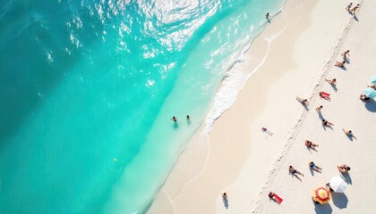 Naklejka premium A bird's-eye view of the summer beach where people come to play in the water and sunbathe.