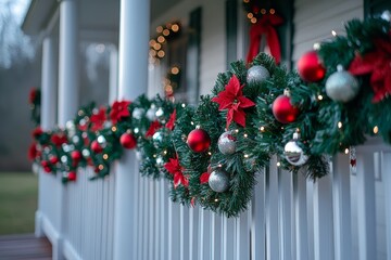 Festive Christmas decorations adorning the front porch of an American house, featuring white columns and railings decorated with red, green, and silver ornaments, creating a cheerful holiday ambiance.