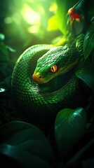 Fototapeta premium A vibrant green snake resting among lush leaves in a serene jungle atmosphere.