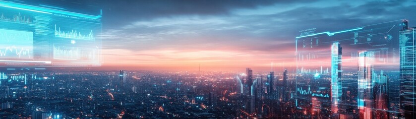 Fototapeta premium Futuristic city skyline with digital overlay visuals, showcasing technology and innovation against a vibrant sunset horizon.