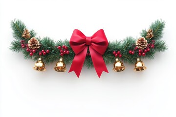 Elegant Christmas garland frame adorned with a red bow and golden bells, presented on a white background in a stunning 3D rendering, perfect for festive decorations.