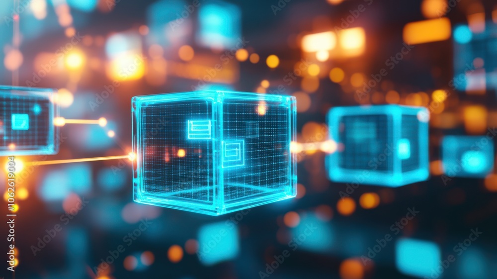 Poster futuristic digital cubes interconnected with glowing lines, representing technology, data, and block