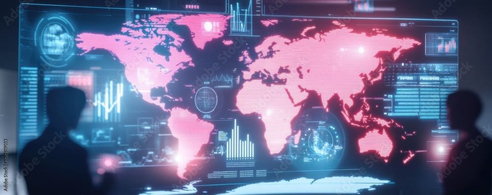 Poster futuristic digital interface displaying a world map and analytics data, with silhouettes of two indi