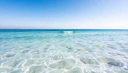 Crystal clear turquoise sea with gentle waves and sandy seabed, under a bright blue sky.